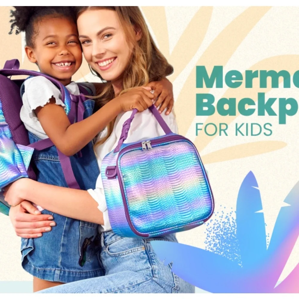 Kids Mermaid Backpack with Pom-Pom Charm and Lunch Bag